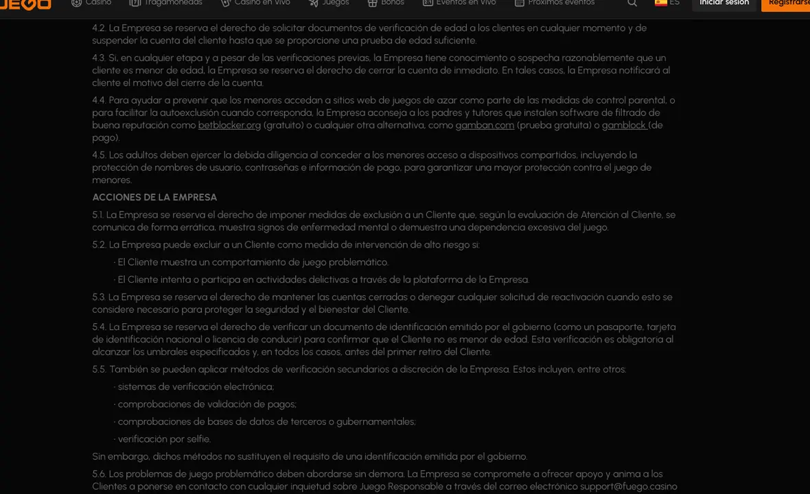 Apartados de la política sobre protección de menores y acciones de la empresa ante juego problemático