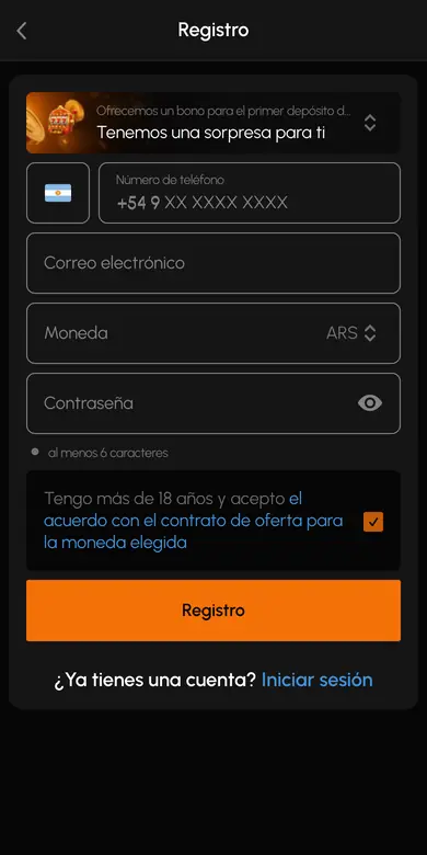 Formulario de registro de la plataforma en un teléfono, con el campo de teléfono, correo, moneda y contraseña