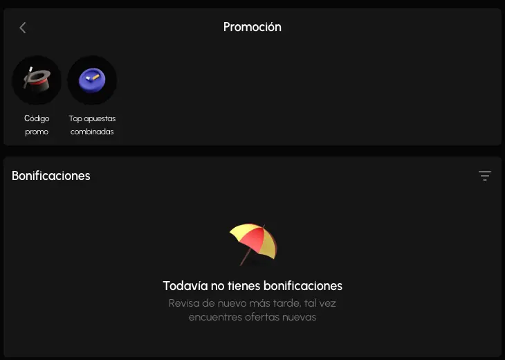 Sección de promociones de la plataforma con las pestañas de código promo y apuestas combinadas y el panel de bonificaciones vacío