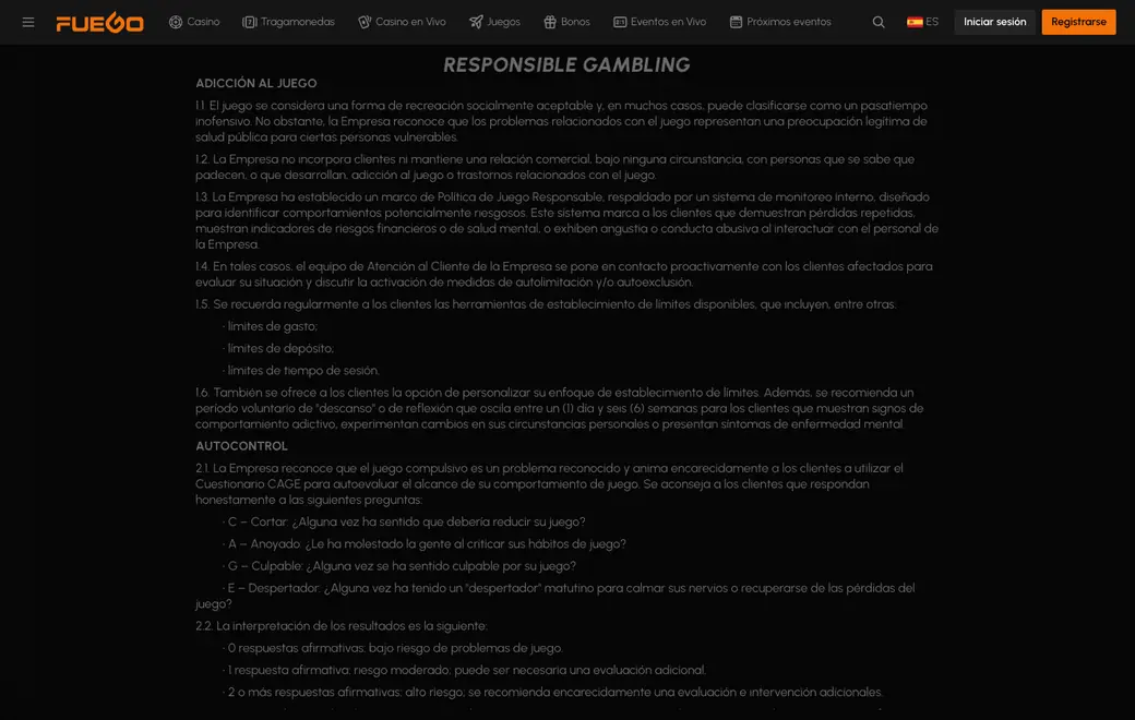 Página de juego responsable de la plataforma con los apartados de adicción al juego y autocontrol