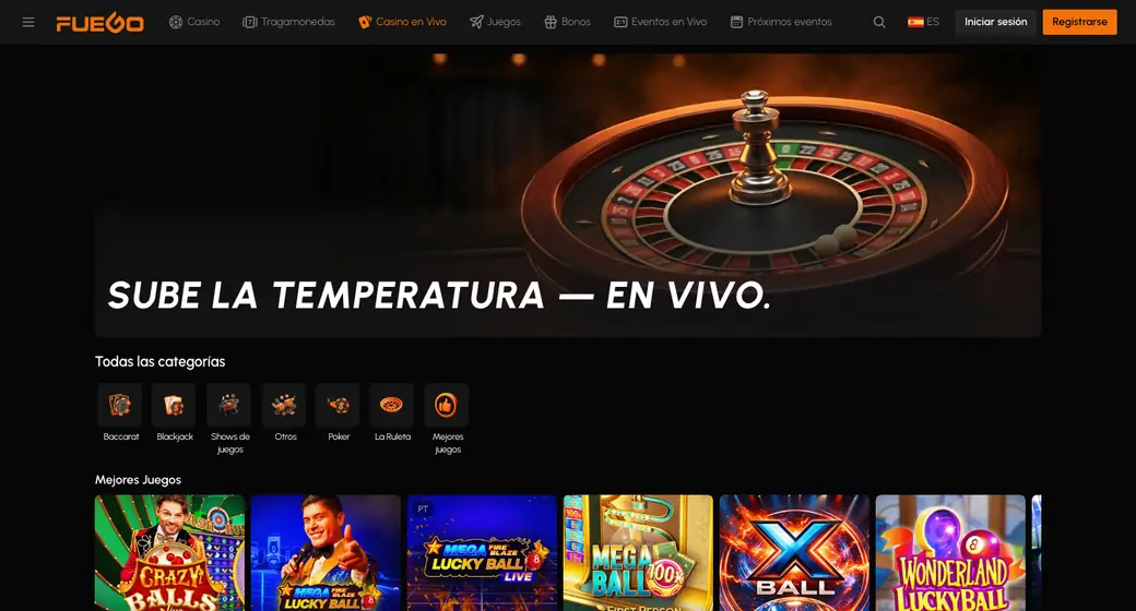 Sección de casino en vivo de la plataforma con la rueda de ruleta y las categorías de mesa
