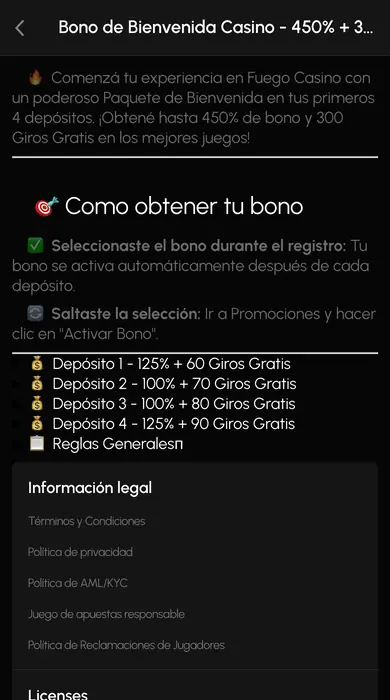 Página de la oferta de bienvenida vista en un teléfono, con los cuatro depósitos listados