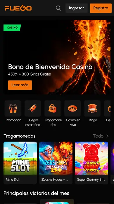Portada de la plataforma en un teléfono, con el banner de la oferta, la fila de rubros y la barra inferior de cinco accesos