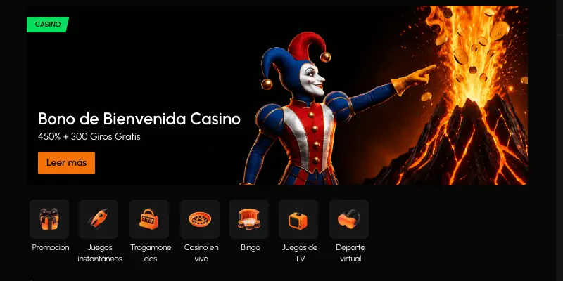 Portada de la plataforma con el banner de la oferta de bienvenida y la fila de rubros del casino