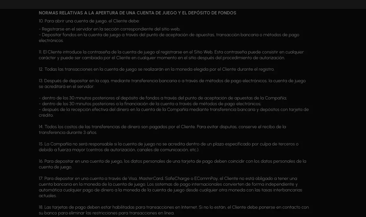 Apartado del contrato con las normas de apertura de cuenta y depósito de fondos, numeradas del diez al diecinueve