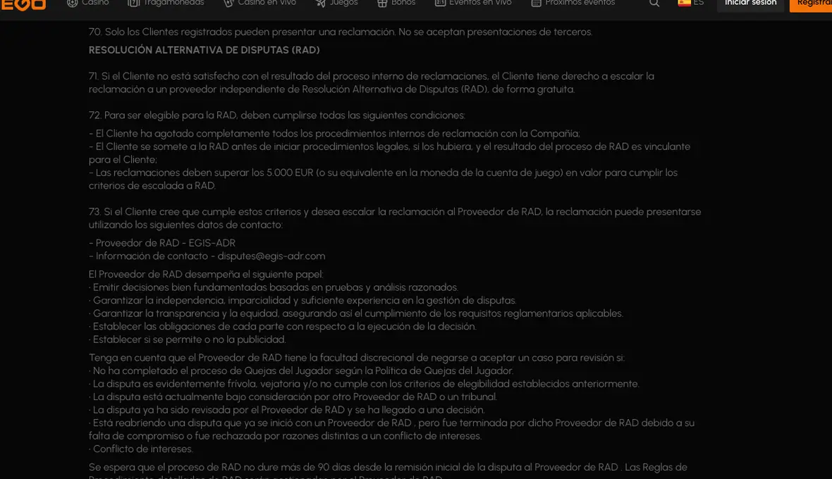 Apartado del contrato sobre el procedimiento de reclamaciones y la resolución alternativa de disputas