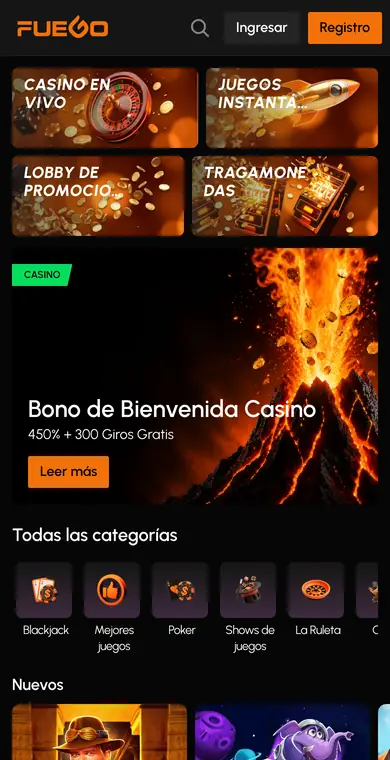 Salón de juegos de la plataforma en una pantalla de teléfono, con las categorías y la fila de novedades